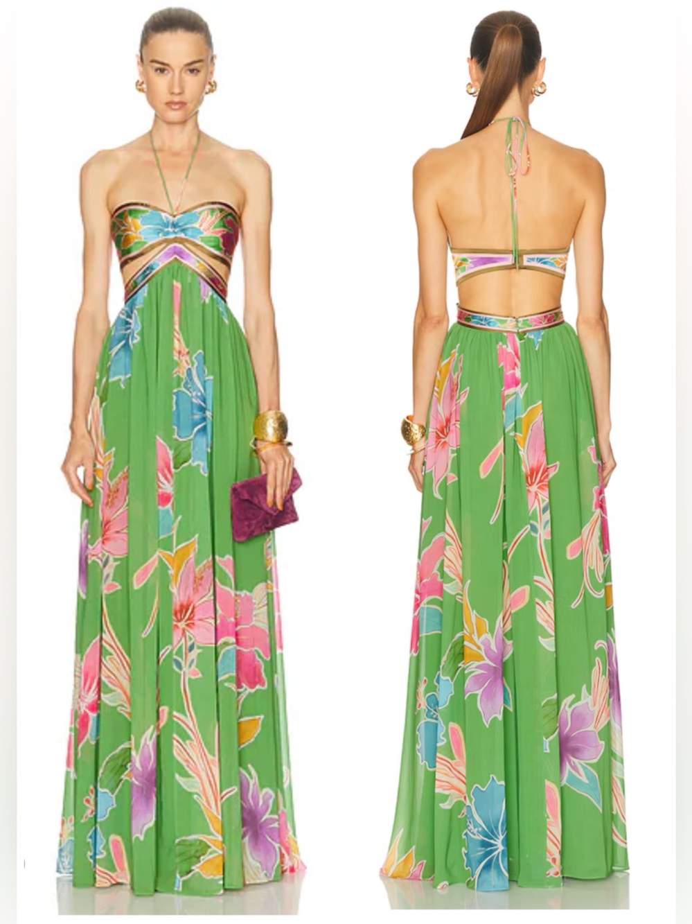 RETROFETE Rabel Hibiscus Kiwi Floral Maxi Cut Out Dress SZ S NWT